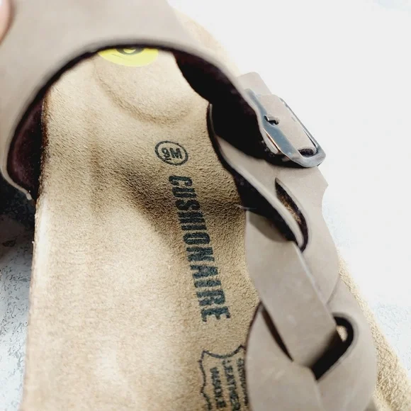 NEW Cushionaire Tan Brown Strappy Buckle Cork Footbed Summer Slide Sandals K28 - Picture 9 of 10